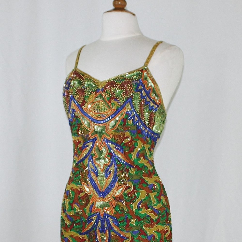 JASDEE Vintage Dress Hand Work Bead & Sequins Hand Print On Silk Style 5053L